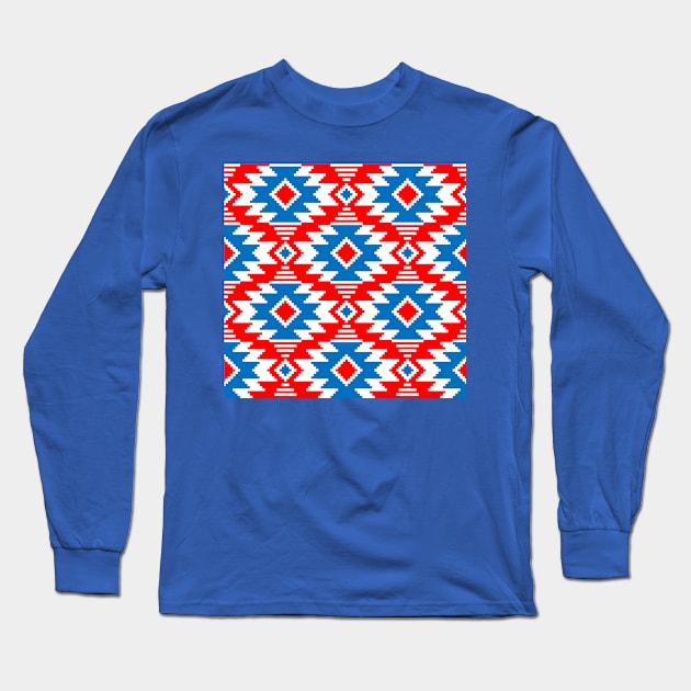 Tribal Aztec Native Ornament - White Medium Cyan Blue Red - Ethnic Amulet Boho Pattern Long Sleeve T-Shirt by GrandTartaria